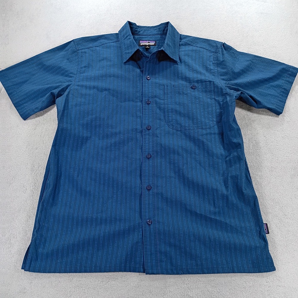 Patagonia Mens Pinstripe Button Down Blue Medium Organic Cotton Blend